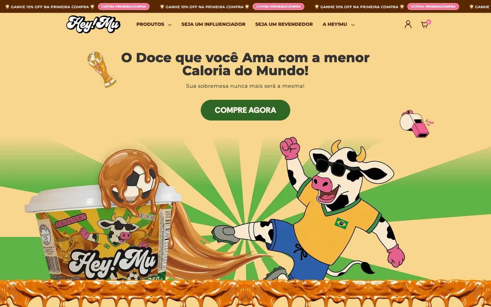 Loja HeyMu: doce de leite com personagens ilustrados, faixa de ofertas e botão de compra