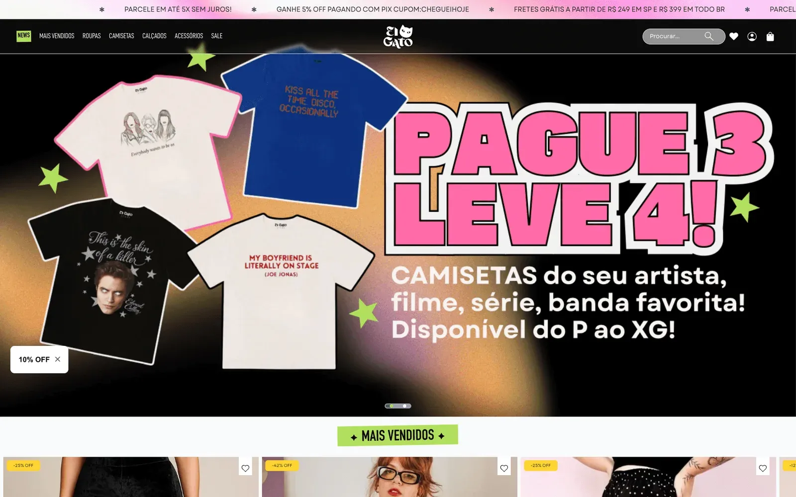 Loja ElGato: camisetas estampadas com a oferta Pague 3, leve 4