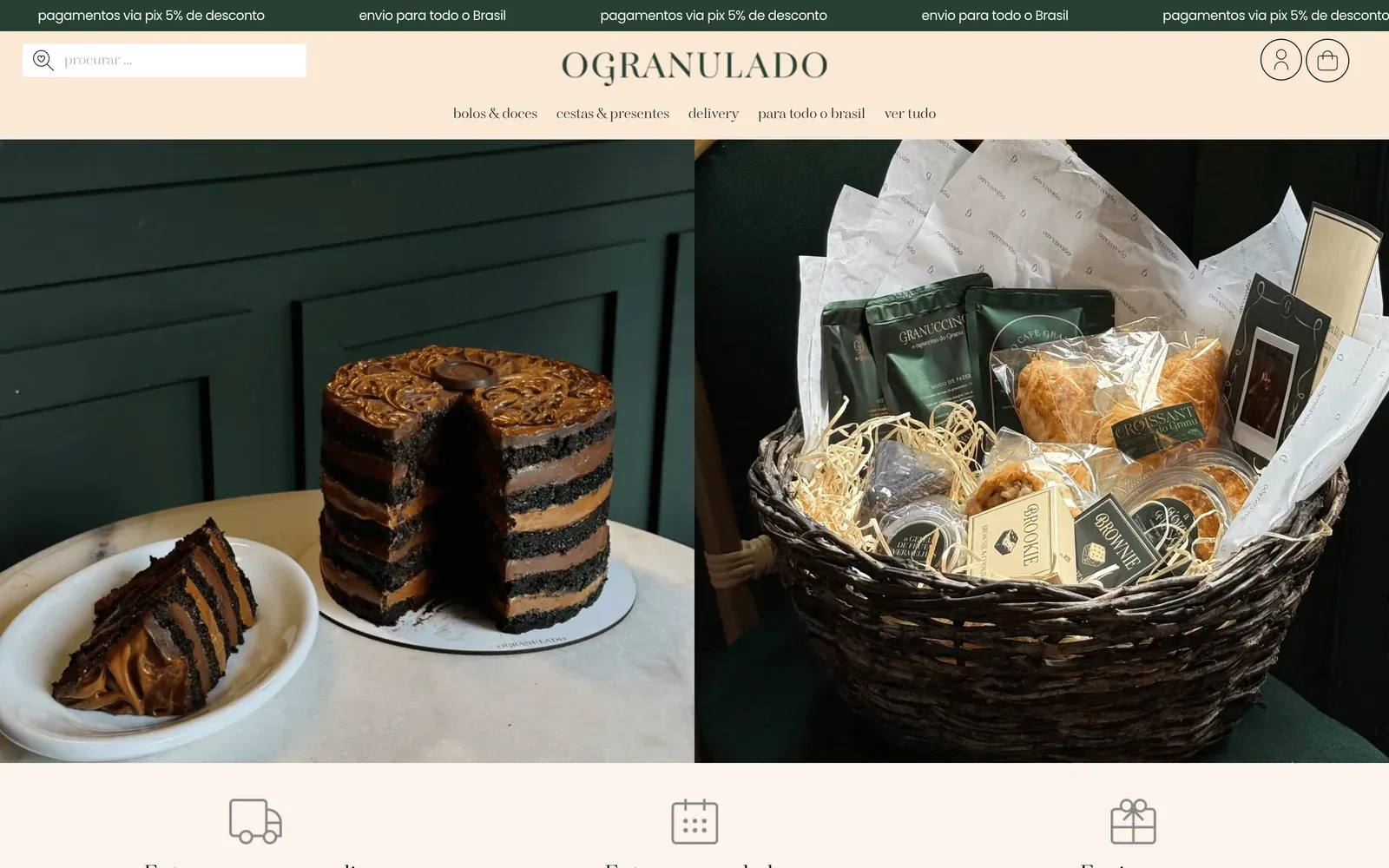 Loja Ogranulado: bolo e cesta de presentes sobre fundo verde-escuro