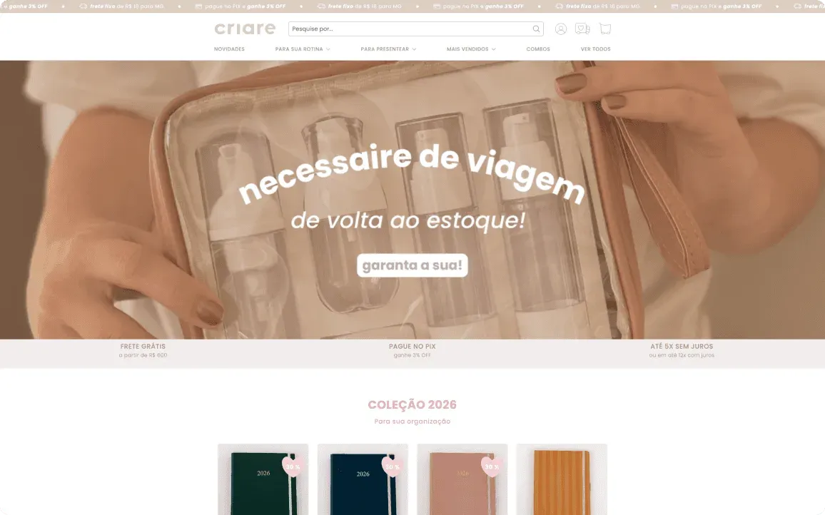 Loja Criare: necessaire de viagem em destaque na primeira dobra