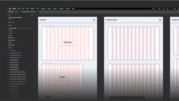 Layout da loja em construção no Figma, com as grades de desktop e tablet