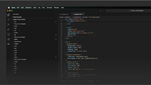 Código do tema da loja aberto no editor